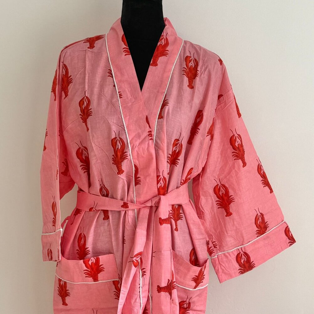 BRAND NEW Hand Block Printed Cotton Robe: Pink Lobster Print Kimono Bath Robe